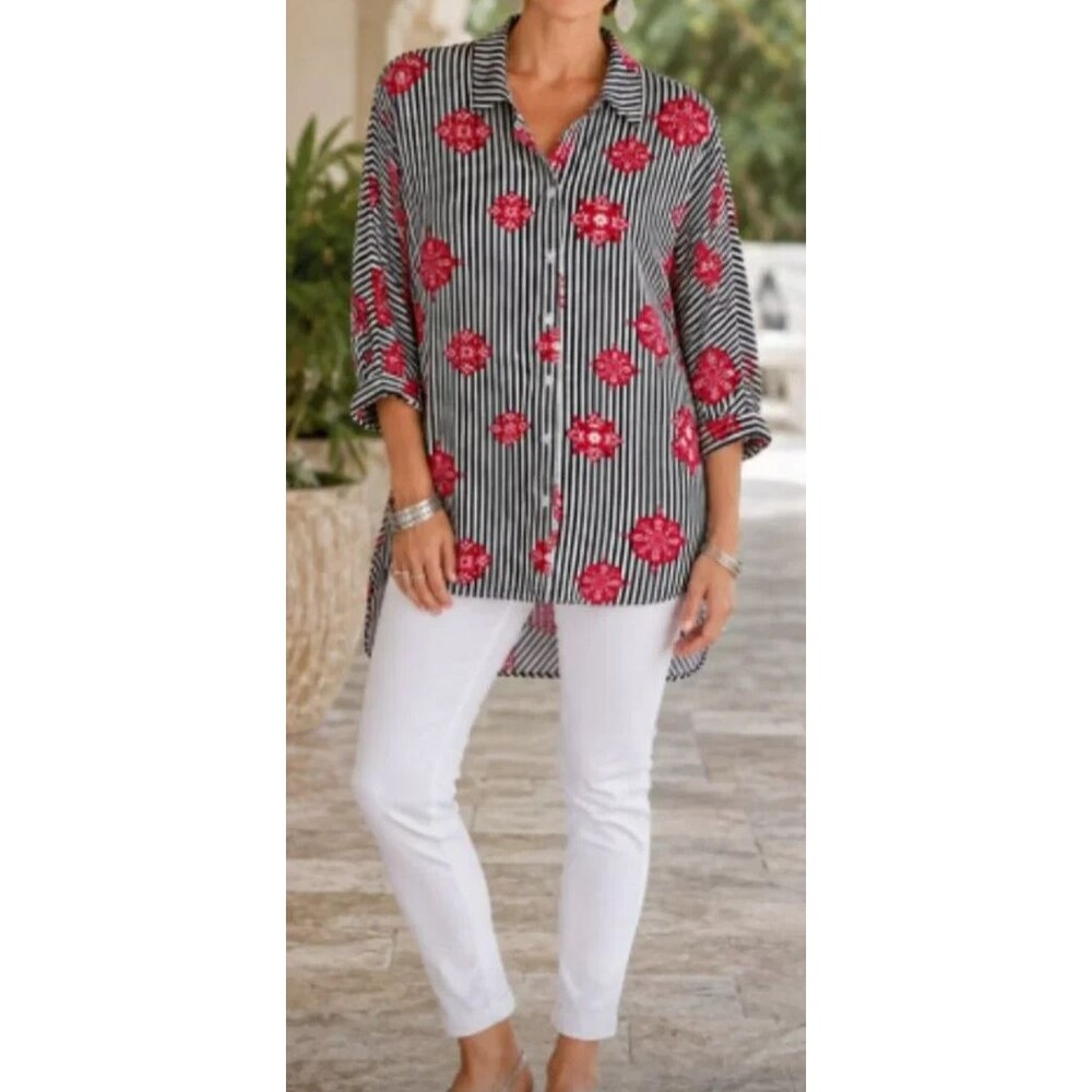 Chico's Black White Stripe Red Floral Blouse Shirt Tunic Women 4P/6P